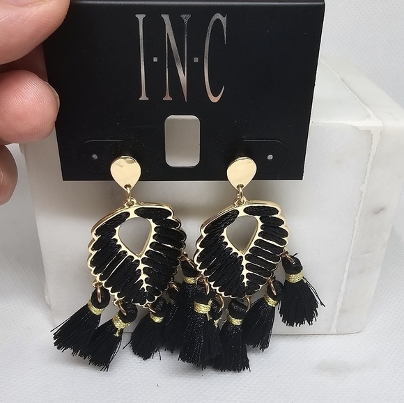 INC Fashion Gold Tone Black Tassel Earrings - Picture 3 of 6